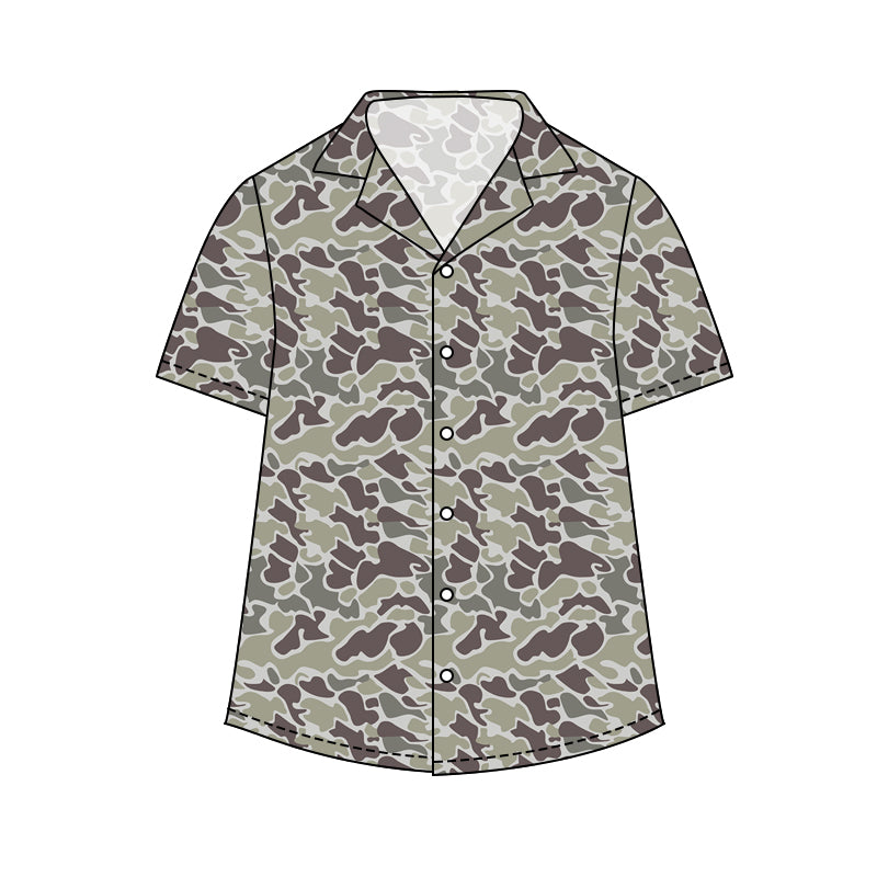 NO MOQ Preorder BT1607 Adult Male Gray Green Camouflage Buttons Short Sleeve Top 202511