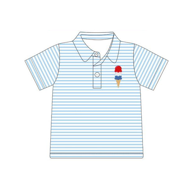 MOQ 5 PCS preorder BT1621 4th of July Ice Cream Light Blue Stripe Polo Short Sleeve Boys Top 202511