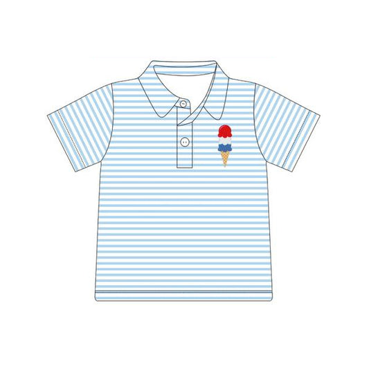 MOQ 5 PCS preorder BT1621 4th of July Ice Cream Light Blue Stripe Polo Short Sleeve Boys Top 202511