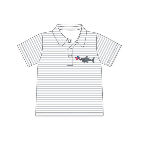 MOQ 5 PCS preorder BT1622 4th of July Flag Fish Gray Stripe Polo Short Sleeve Boys Top 202511