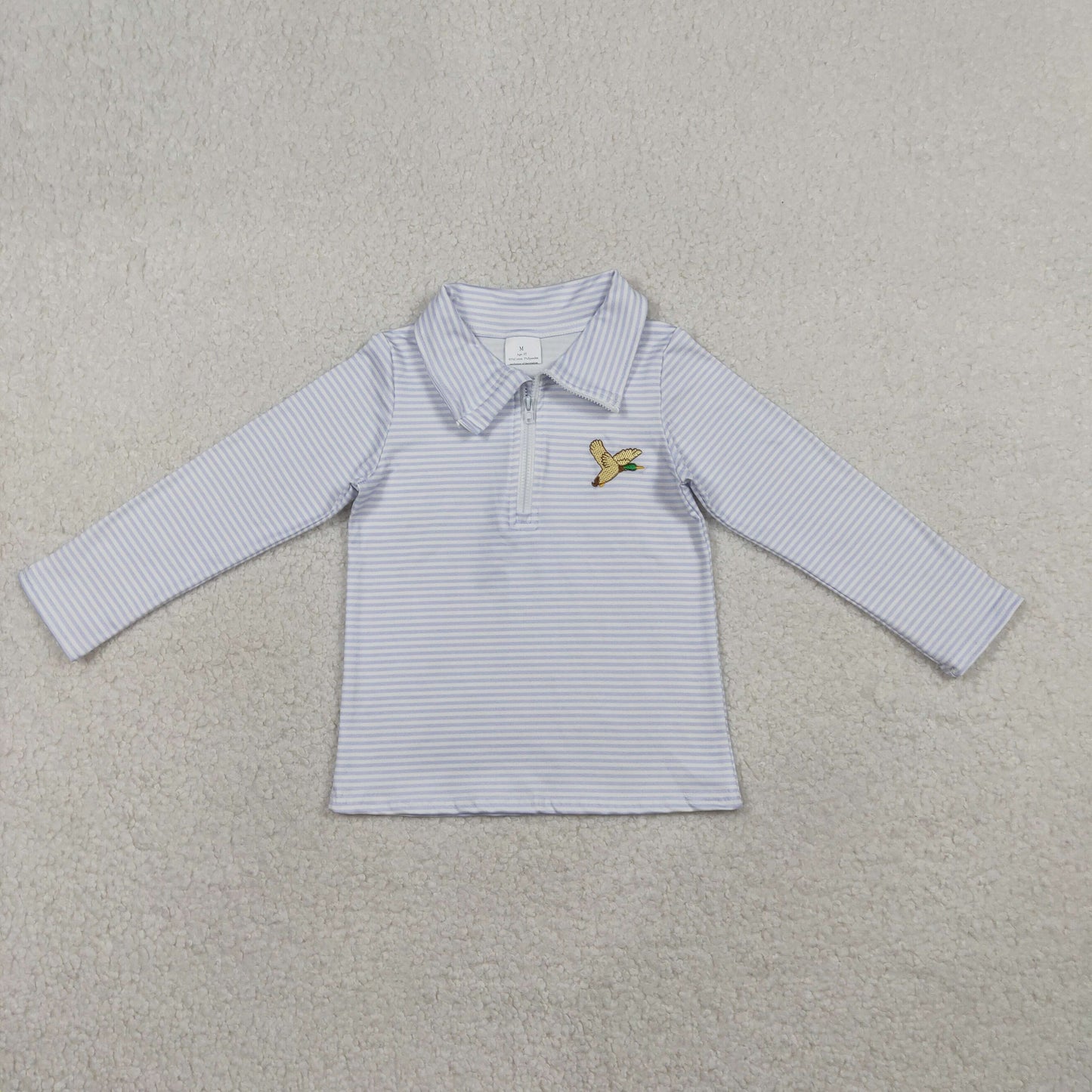 BT1638 Embroidered Duck Light Blue Stripe Zip Collar Long Sleeve Boys Top 202601 RTS