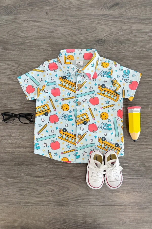MOQ 5 PCS preorder BT1653 Back to School Apple Pencil School Bus Smiley Polo Buttons Short Sleeve Boys Top 202512