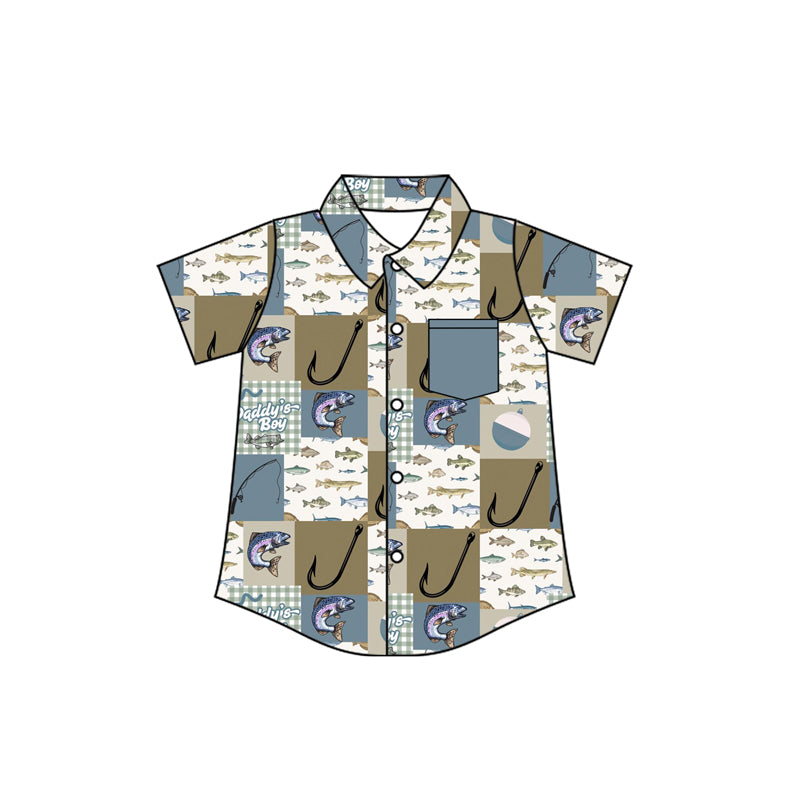 MOQ 5 PCS preorder BT1658 DADDY'S BOY Fishing Pattern Gray Blue Pocket Plaid Polo Buttons Short Sleeve Boys Top 202512