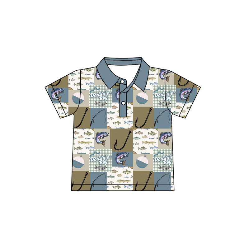 MOQ 5 PCS preorder BT1659 DADDY‘S BOY Fishing Pattern Gray Blue Pocket Plaid Polo Short Sleeve Boys Top 202512