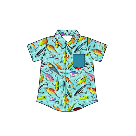 MOQ 5 PCS preorder BT1660 Fishing Pattern Blue Green Pocket Polo Buttons Short Sleeve Boys Top 202512