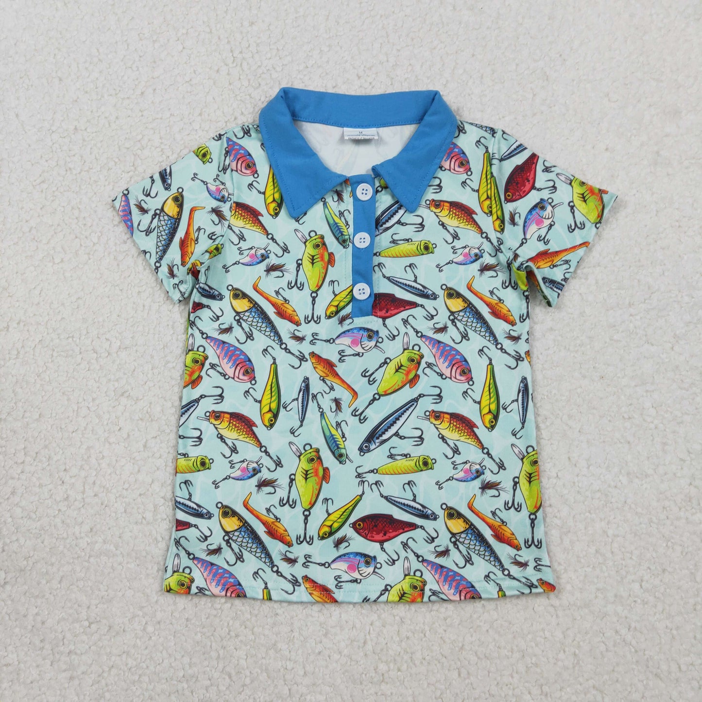 BT1661 Fishing Pattern Blue Green Pocket Polo Short Sleeve Boys Top 202602 RTS