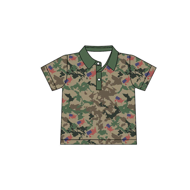 MOQ 5 PCS preorder BT1666 4th of July Flag Army Green Camouflage Polo Short Sleeve Boys Top 202512