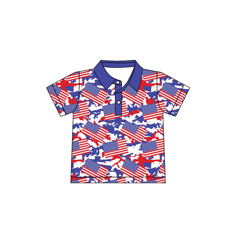 MOQ 5 PCS preorder BT1667 4th of July Flag Red Blue Camouflage Polo Short Sleeve Boys Top 202512
