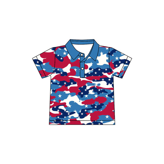 MOQ 5 PCS preorder BT1668 4th of July Star Red Blue Camouflage Polo Short Sleeve Boys Top 202512