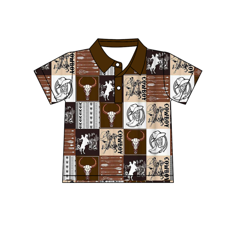 MOQ 5 PCS preorder BT1670 Riding Horse Plaid Brown Polo Short Sleeve Boys Top 202512