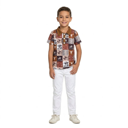 BT1670 Western Cowboy Brown Kids Boys Polo Shirt Top