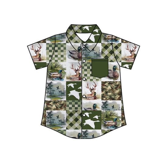 MOQ 5 PCS preorder BT1671 Deer Duck Hunting Plaid Dark Green Polo Buttons Short Sleeve Boys Top 202512
