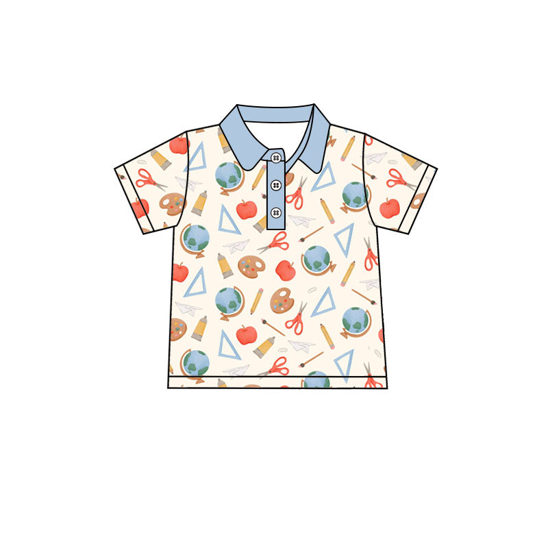 MOQ 5 PCS preorder BT1673 Back to School Globe Scissors Pencil Light Blue Polo Short Sleeve Boys Top 202512