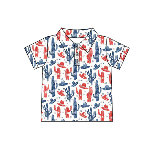 MOQ 5 PCS preorder BT1681 4th of July Cowboy Red Blue Hat Cactus White Polo Short Sleeve Boys Top 202512