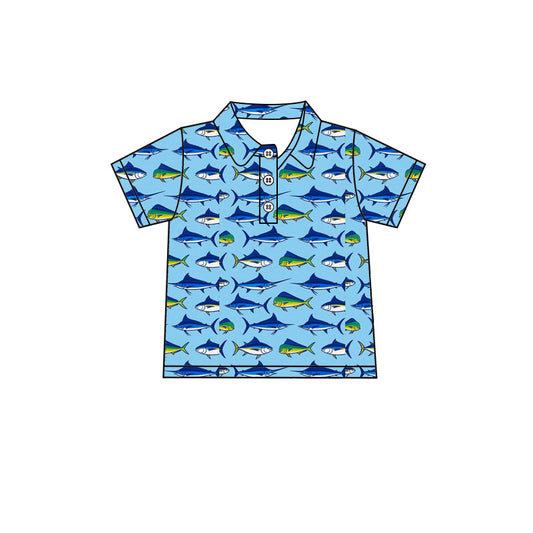 MOQ 5 PCS preorder BT1682 Fish Pattern Blue Polo Short Sleeve Boys Top 202512