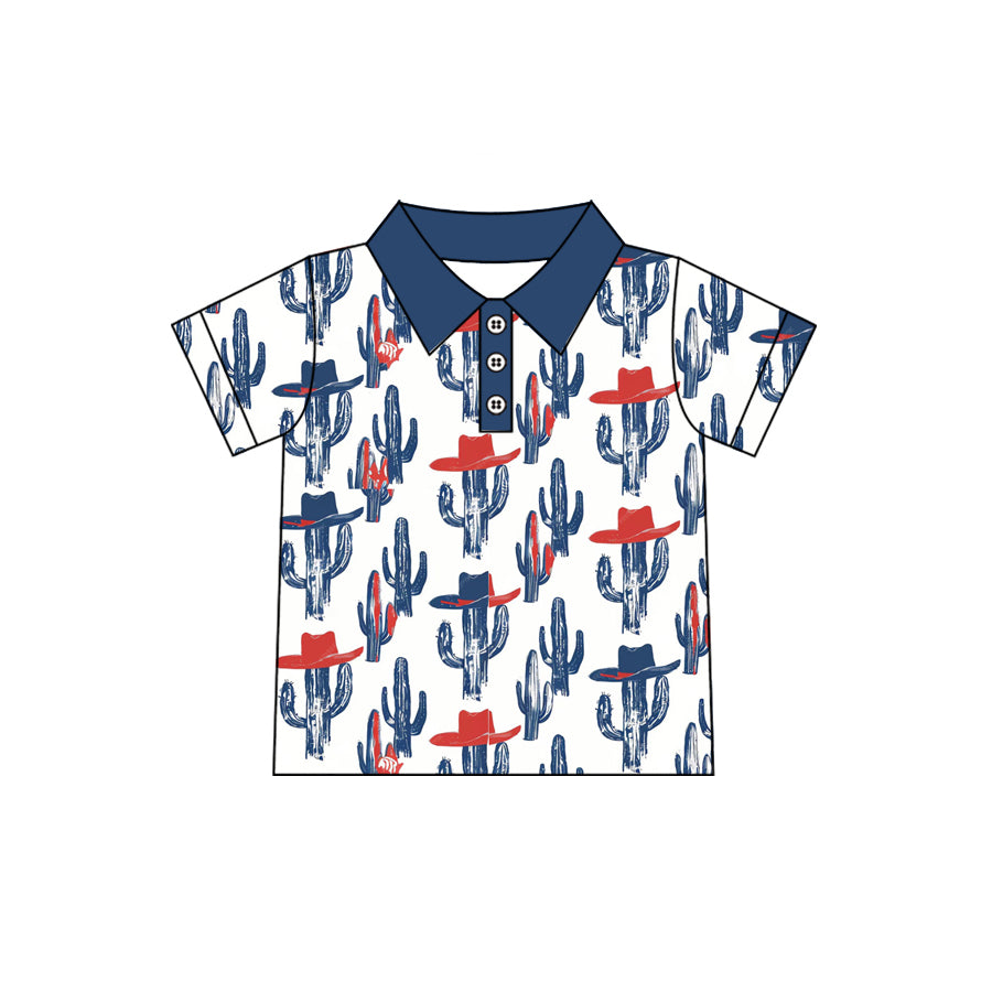 MOQ 5 PCS preorder BT1683 Cowboy Cactus Hat Navy Blue Polo Short Sleeve Boys Top 202512