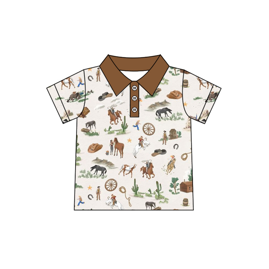 MOQ 5 PCS preorder BT1684 Cowboy Horse Riding Brown Polo Short Sleeve Boys Top 202512