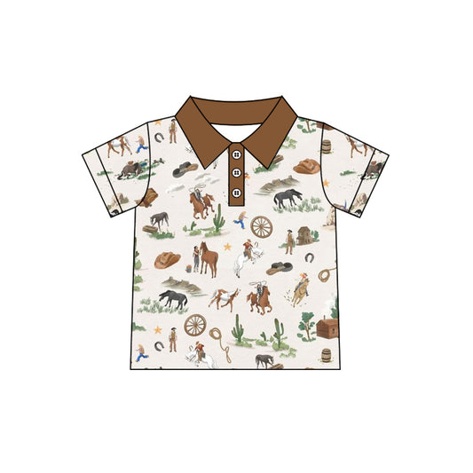 MOQ 5 PCS preorder BT1684 Cowboy Horse Riding Brown Polo Short Sleeve Boys Top 202512