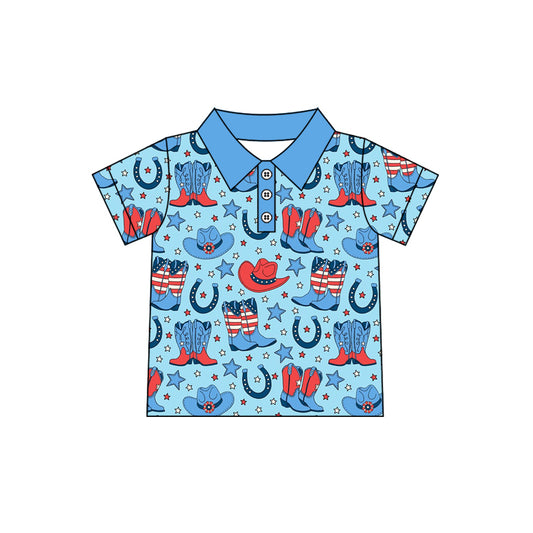 MOQ 5 PCS preorder BT1685 4th of July Cowboy Boots Star Blue Polo Short Sleeve Boys Top 202512