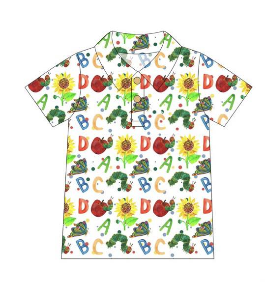 MOQ 5 PCS preorder BT1688 Back to School ABC Caterpillar Butterfly White Polo Short Sleeve Boys Top 202512