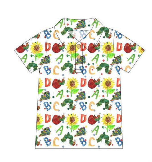 MOQ 5 PCS preorder BT1688 Back to School ABC Caterpillar Butterfly White Polo Short Sleeve Boys Top 202512