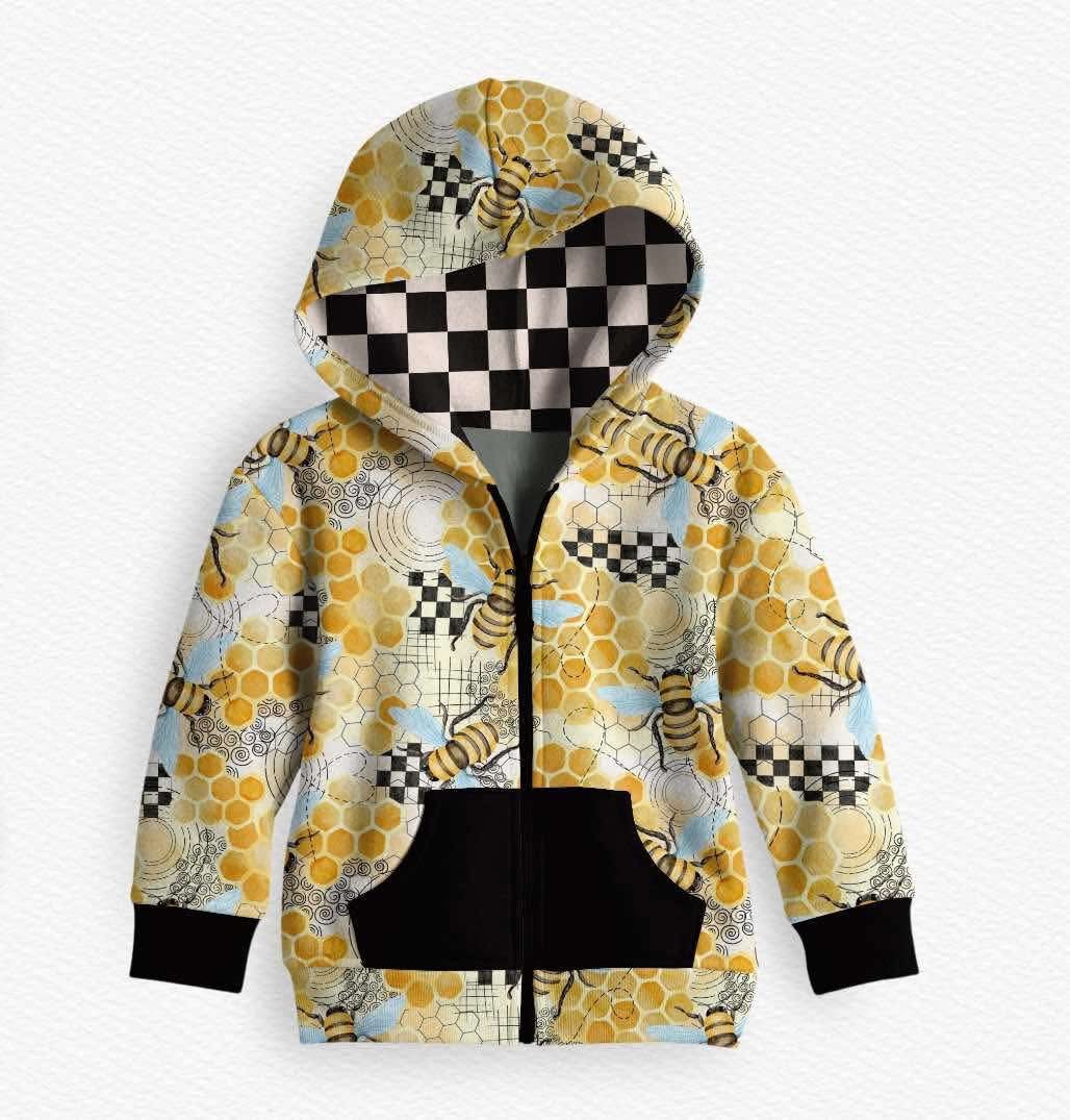MOQ 5 PCS preorder BT1690 Bee Pocket Black and White Plaid Zipper Hooded Long Sleeve Boys Top 202601