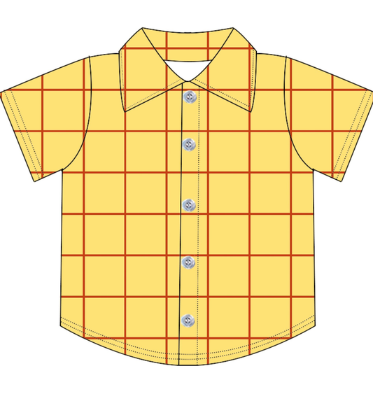 MOQ 5 PCS preorder BT1691 Cartoon Character Plaid Button Yellow Short Sleeve Boys Top 202601