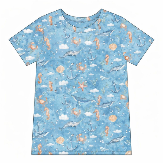 MOQ 5 PCS preorder BT1700 Anchor Seahorse White Cloud Starfish Blue Short Sleeve Boys Top 202601