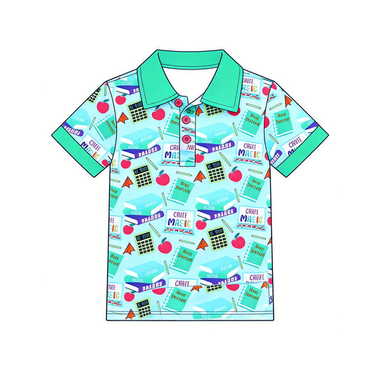MOQ 5 PCS preorder BT1705 Back to School Apple Pencil Books Blue Green Polo Short Sleeve Boys Top 202601