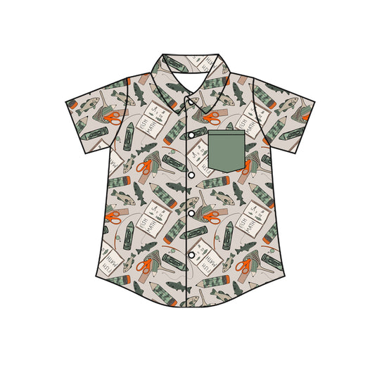 MOQ 5 PCS preorder BT1707 Fish Pencil Books Army Green Polo Buttons Short Sleeve Boys Top 202601
