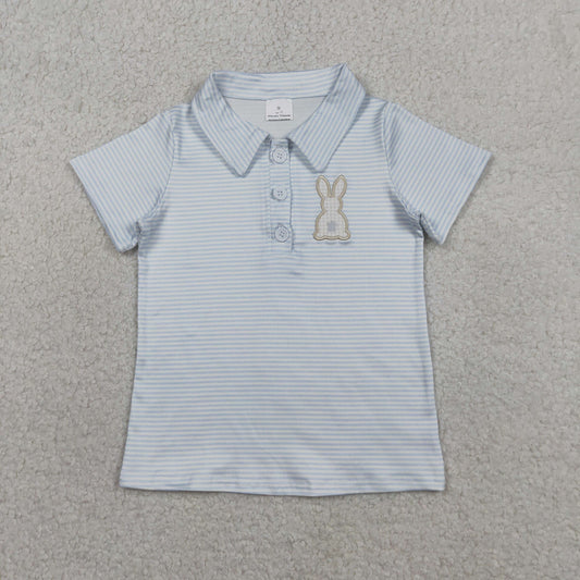 BT1708 Embroidered Easter Bunny Blue Stripe Polo Short Sleeve Boys Top 202603 RTS