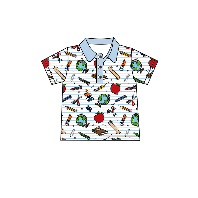 MOQ 5 PCS preorder BT1719 Back to School Globe Apple Pencil Blue Polo Short Sleeve Boys Top 202601