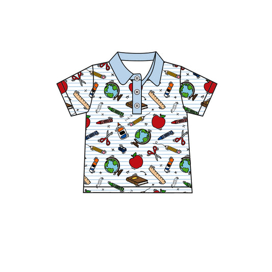 MOQ 5 PCS preorder BT1719 Back to School Globe Apple Pencil Blue Polo Short Sleeve Boys Top 202601