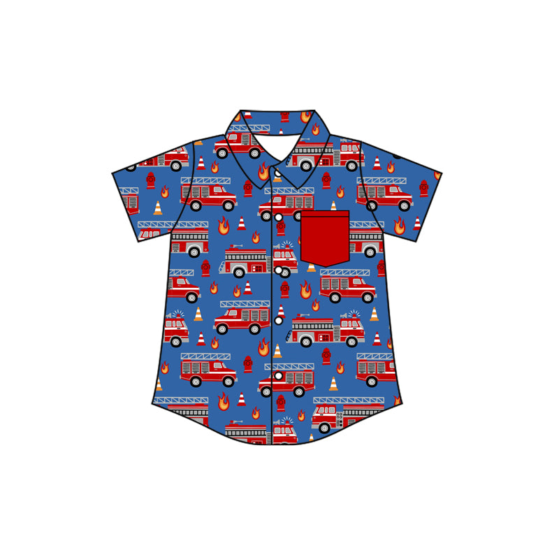 MOQ 5 PCS preorder BT1722 Fire Truck Red Pocket Blue Polo Buttons Short Sleeve Boys Top 202601