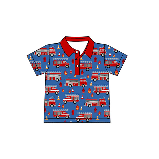 MOQ 5 PCS preorder BT1723 Fire Truck Red Polo Blue Short Sleeve Boys Top 202601