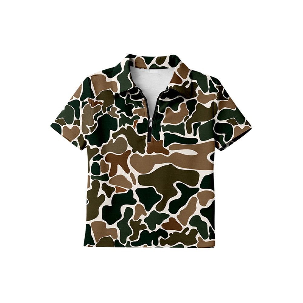 MOQ 5 PCS preorder BT1729 Brown Green Camouflage Zip Polo Short Sleeve Boys Top 202601