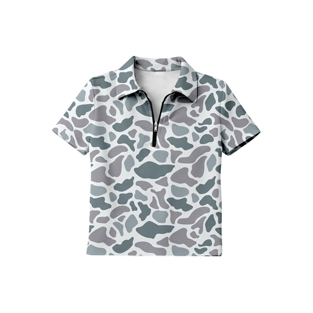 MOQ 5 PCS preorder BT1732 Gray Blue Camouflage Zip Polo Short Sleeve Boys Top 202601