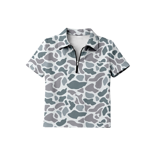 MOQ 5 PCS preorder BT1732 Gray Blue Camouflage Zip Polo Short Sleeve Boys Top 202601
