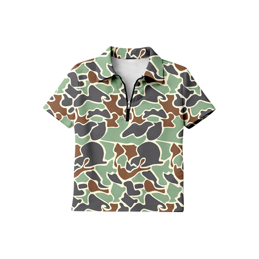 MOQ 5 PCS preorder BT1733 Gray Brown Green Camouflage Zip Polo Short Sleeve Boys Top 202601