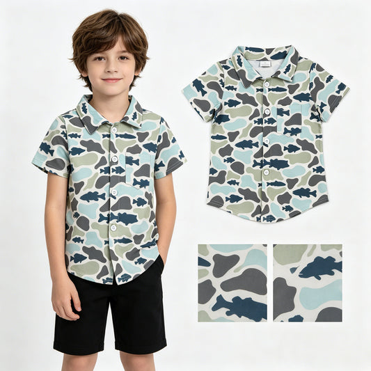 BT1787 Green Fish Pattern Camouflage Polo Buttons Short Sleeve Boys Top T-shirts 202605 RTS
