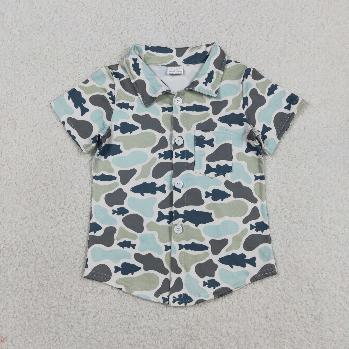 BT1787 Green Fish Pattern Camouflage Polo Buttons Short Sleeve Boys Top T-shirts 202605 RTS