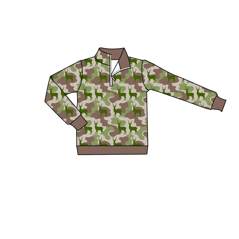 MOQ 5 PCS preorder BT1798 Deer Hunting Brown Green Camouflage Zip Collar Polo Long Sleeve Boys Top 202604