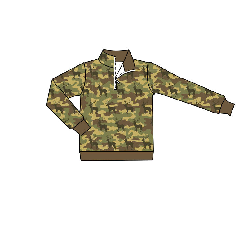MOQ 5 PCS preorder BT1799 Deer Hunting Brown Yellow Green Camouflage Zip Collar Polo Long Sleeve Boys Top 202604