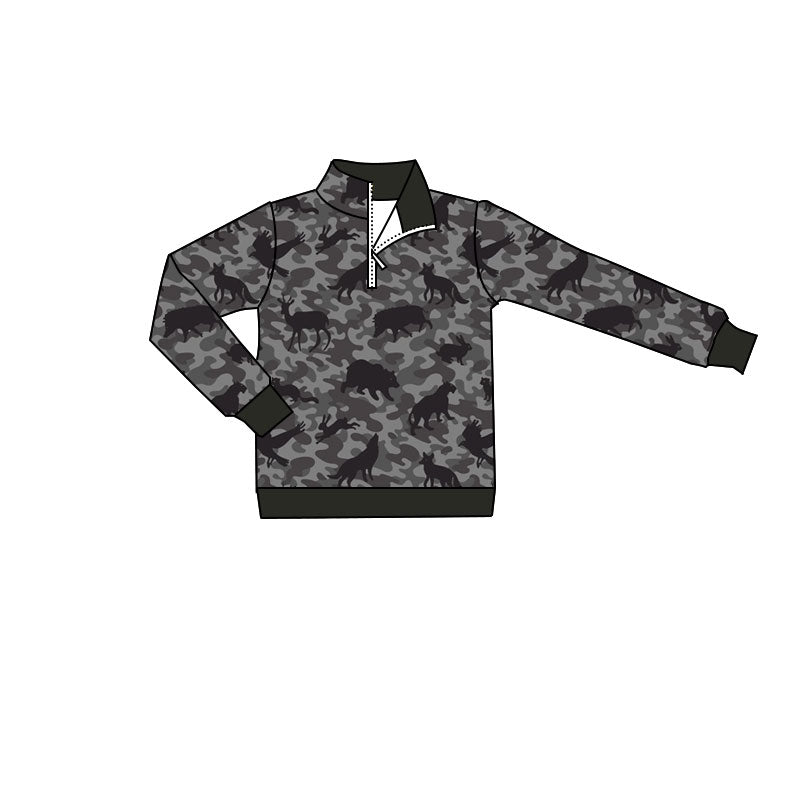 MOQ 5 PCS preorder BT1800 Deer Hunting Wild Boar Rabbits Animal Gray Camouflage Zip Collar Polo Long Sleeve Boys Top 202604