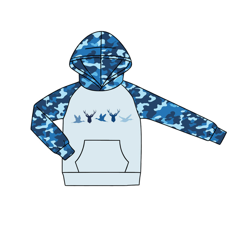 MOQ 5 PCS preorder BT1805 Duck Deer Hunting Blue Camouflage Pocket Hooded Long Sleeve Boys Top 202604