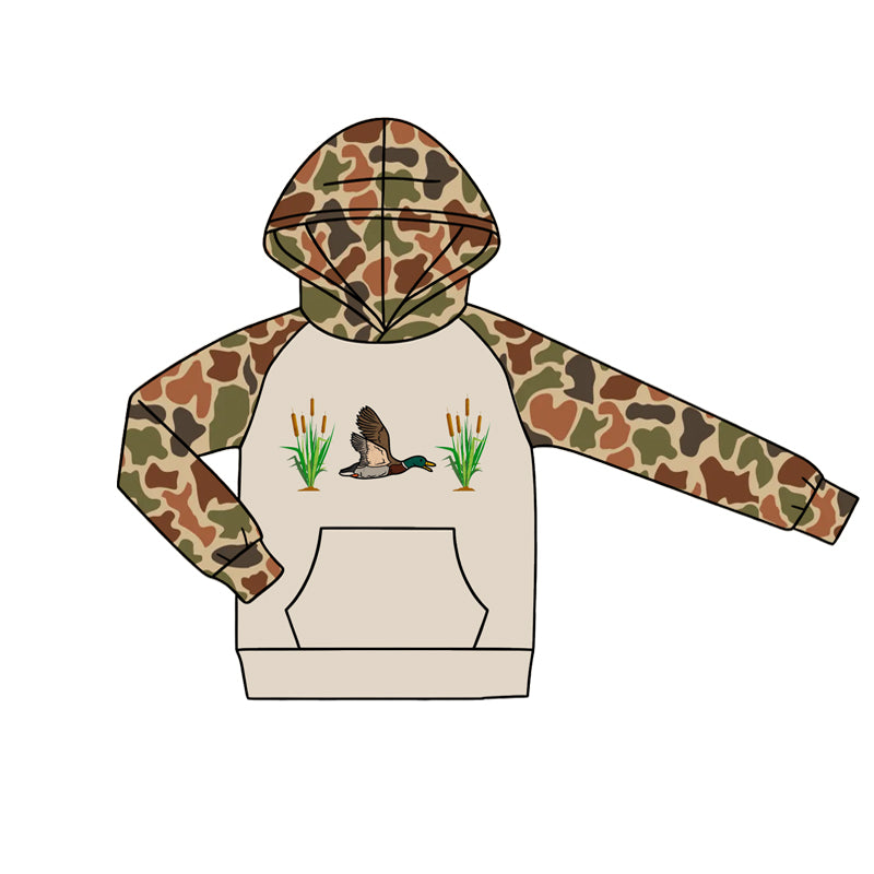 MOQ 5 PCS preorder BT1808 Cattail Duck Hunting Brown Camouflage Pocket Hooded Long Sleeve Boys Top 202604