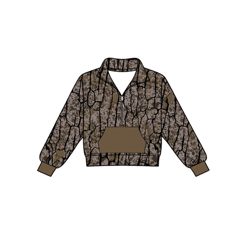 MOQ 5 PCS preorder BT1810 Branches Leaves Army Green Brown Camo Pocket Zip Collar Long Sleeve Boys Top 202604
