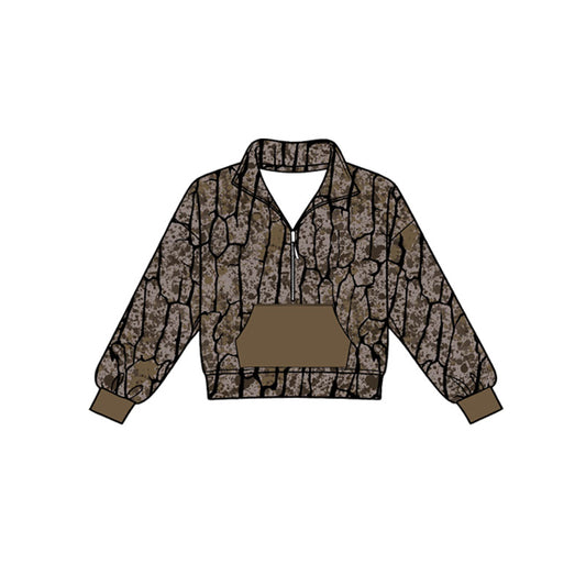MOQ 5 PCS preorder BT1810 Branches Leaves Army Green Brown Camo Pocket Zip Collar Long Sleeve Boys Top 202604