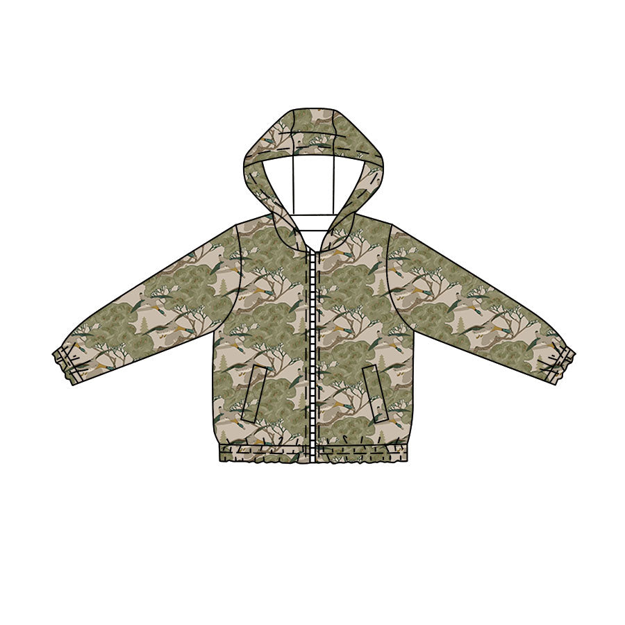 MOQ 5 PCS preorder BT1815 Duck Hunting Tree Leaf Gray Green Hooded Zip Long Sleeve Boys Top with Pocket 202604