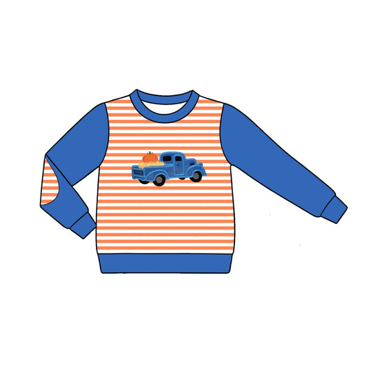 MOQ 5 PCS preorder BT1822 Pumpkin Trucks Orange Stripe Blue Long Sleeve Boys Top 202604